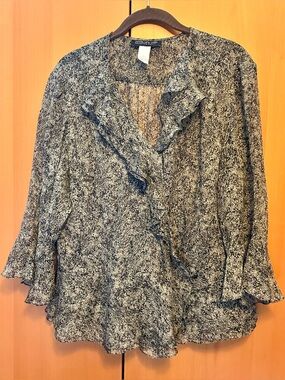 Lightweight Green, Black & White Ruffle-Trim Women's Blouse